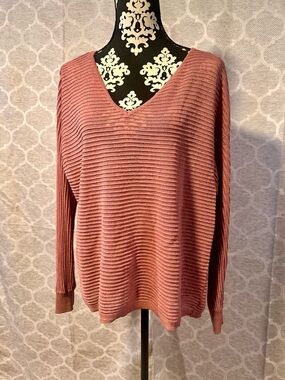 Kori America Dusty Rose Horizontal Ribbed V neck Dolman Sweater size L